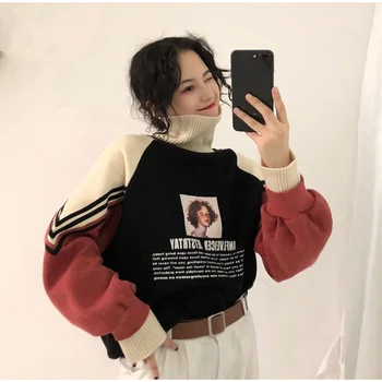 

Women's Hoodies Turtleneck Thicker Plus Velvet Warm Harajuku Printed Pullovers Female Oversize Patchwork Leisure Chic Sweatshirt