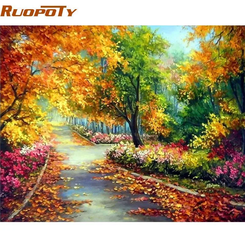RUOPOTY DIY Краска по номерам пейзаж лес Раскраска на холсте ручная краска ed масляная
