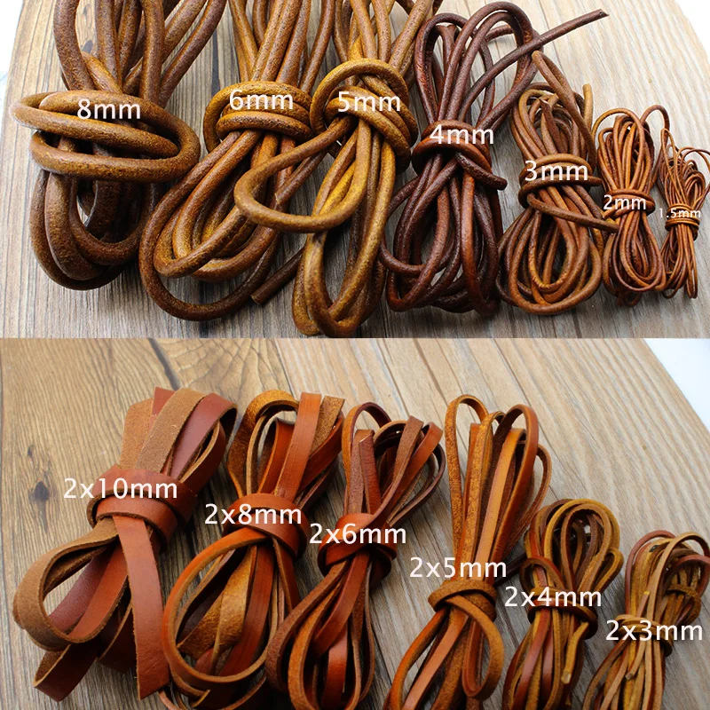 2m/lot 2 3 4 5 6 8 mm Round Flat Genuine Cow Leather Cord Bracelet Necklace  Jewelry Findings Leather Rope String DIY Making