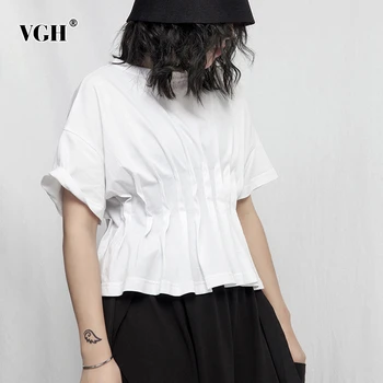 

VGH Casual Ruched Women T Shirt O Neck Half Sleeve Tunic Plested Elegant T-shirt For Female Clothing 2020 Spring Fashion Tide
