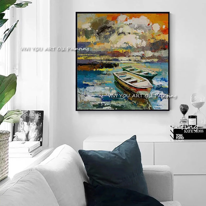 

Цветные Масляные картины на канва, ручная работа, закат и Морская Лодка, искусство, ручная роспись, современный пейзаж, живопись, украшение для дома без рамки