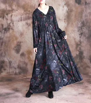 

Women Black Cotton Spring Autumn Casual Vintage Loose High Waist V-Neck Robes Brief Long Sleeve Maxi Dresses