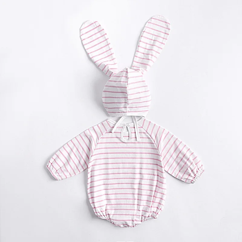 Koodykids/Боди для маленьких девочек; весенние комбинезоны с заячьими ушками и шапкой; Комбинезоны для маленьких мальчиков; Осенняя детская модная одежда в полоску с принтом