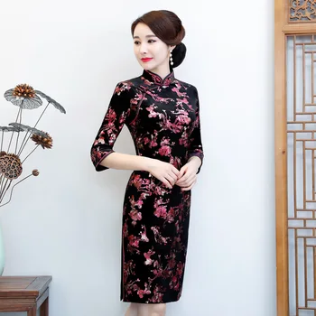 

Flower Women Classic Qipao Velour Mini Novelty Lady Chinese Cheongsam Dress Sexy Tight Vintage Button Vestido Evening Party Gown