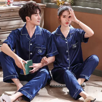 

Summer New Korean Version of The Simulation Silk Couple Pajamas Short Sleeve Trousers Men/Women Cardigan Home Service Suit