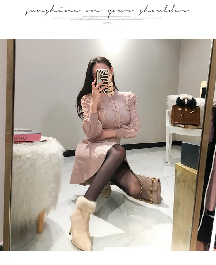 Elegant Lantern Sleeve Draped Knitted Dress Women Lace Patchwork Petel Sweater Mini A-Line Dress Autumn Winter Sweater Dresses