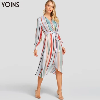 

YOINS 2020 Women Dress Autumn Spring Summer Irregular Hem Multi Stripe Self-tie V-neck Long Sleeve Midi Dresses Casual Vestidos