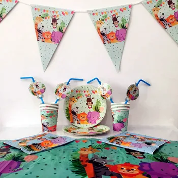 

52PCS/set Party Supplies Cute Safari Jungle Animals Theme Disposable Tableware Sets Kids Favor Birthday Party Decor Supplies