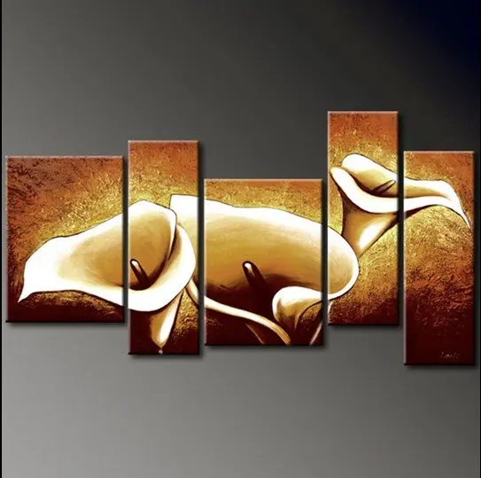 

100% Hand-painted Abstract Canvas Lily Painting 5 Panel Group Flower Oil Painting Wall Art for Living Room Bedroom Home Decorati