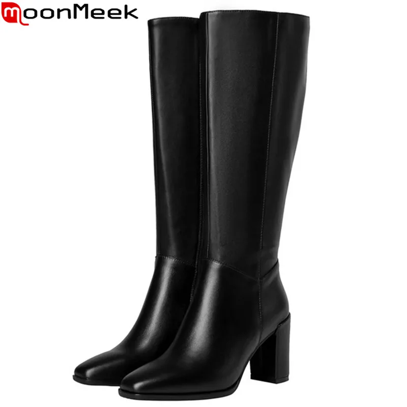 

MoonMeek 2020 new knee high boots square toe pu+cow leather boots ladies thick high heels shoes women Riding boots
