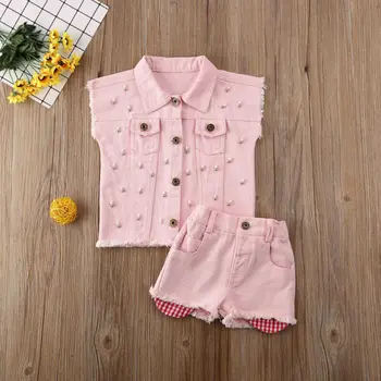 

pudcoco 2PCS Infant Baby Girl Denim Clothes Button Patchwork Vest Tops Waistcoat+Shorts Pants Outfit