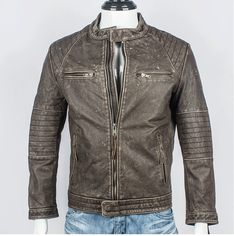 

2020 Sale Men Vintage Brown Motorcycle Genuine Leather Jacket Slim Fit Real Thick Cowhide Male Short Leather Biker Coats