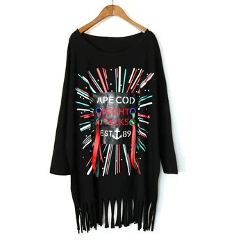 

Personality Printing T shirt Long Sleeve College Tassel Long Sleeve T shirt Women Plus Size Tee Black Trendy Tops