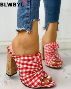 

Summer Shoes Fish Mouth Gingham Square Heel Sandals Soft Bottom Non-Slip Seaside Lazy Half Slippers Pointed Toe Sandals Women