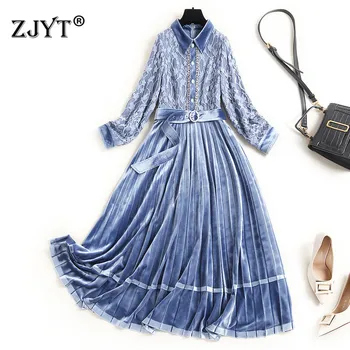 

220 New Autumn Fashion Clothes for Women Elegant Turn Down Collar Long Sleeve Lace Patchwork Pleated Velvet Dress Party Vestidos