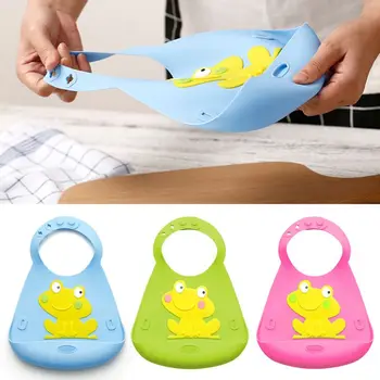 

KLV Cute Baby Bib Silicone Cartoon Frog Waterproof Washable Infants Kids Rice Bibs Adjustable Food Catcher Pocket Bibs
