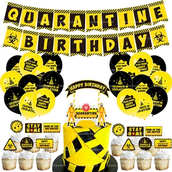 

New Quarantine Party Decoration Supplies Theme Epidemic Flag Birthday Cake Virus Balloon Set Isolated Party Disposable Tableware
