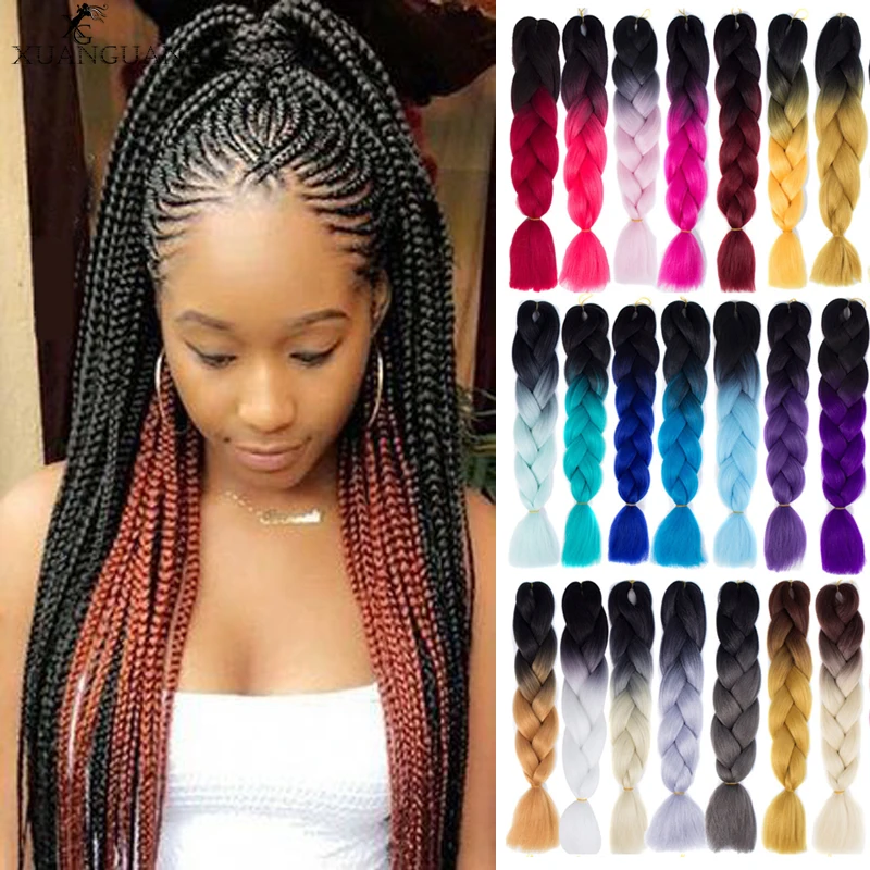 XUANGUANG 24 Inch Synthetic hair Braids Ombre Braiding Hair Extension Box Braid Pink Purple Yellow Colors Crochet braids |