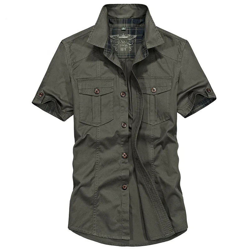 Summer Breathable Cotton Military Plaid Green Khaki Short Sleeve Men's Shirts | Мужская одежда