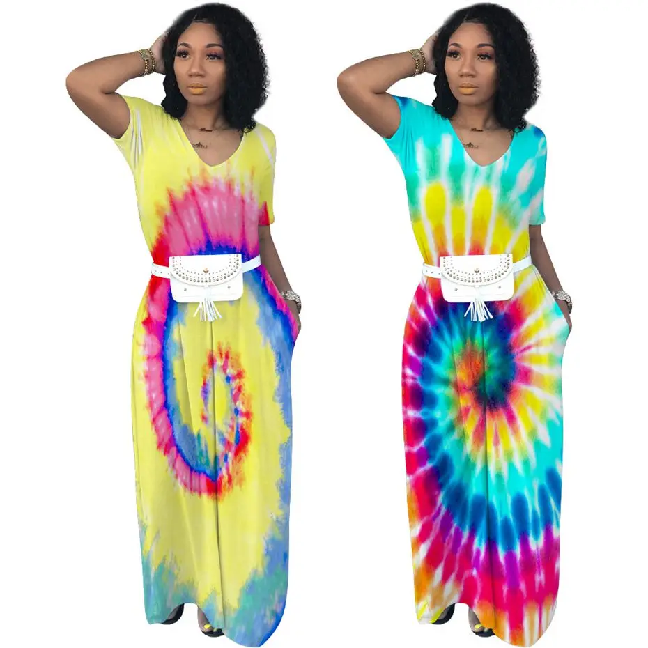 HAOYUAN Tie Dye сексуальное Макси платье женское осеннее с открытыми плечами длинное платье размера плюс свободное с коротким рукавом Бохо богемное пляжное платье