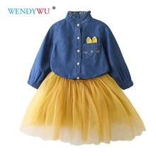 WENDYWU/платье принцессы для маленьких девочек; детская джинсовая футболка; комплект одежды принцессы; зимние платья для девочек с цветочным принтом для детей