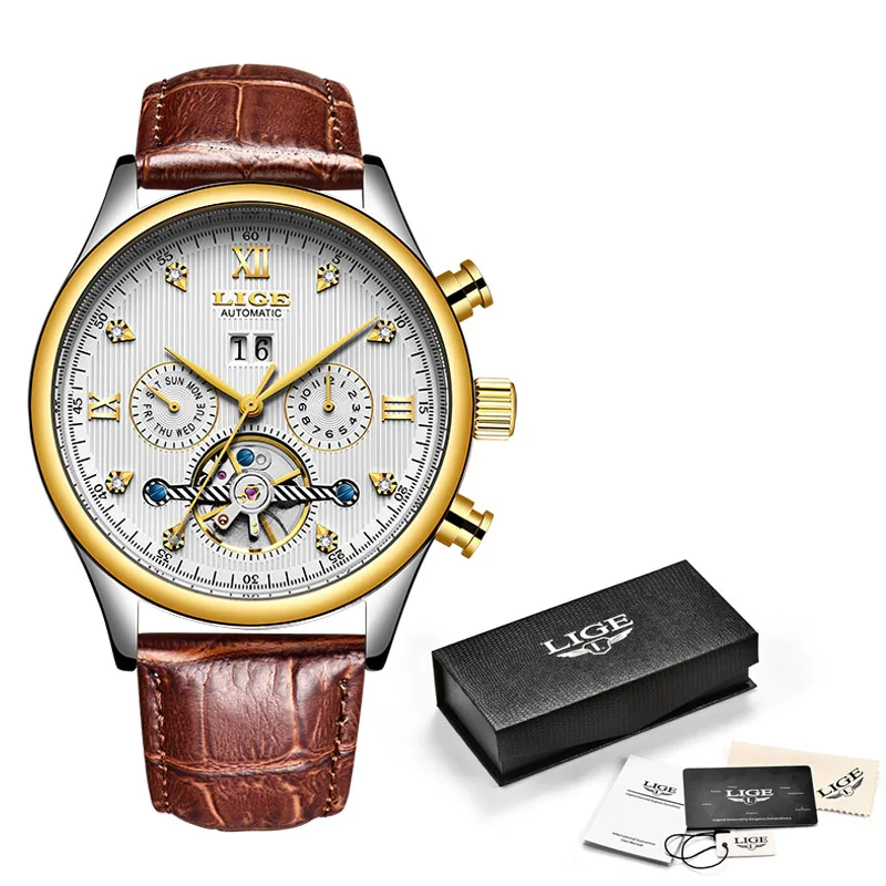 Rose gold white L LIGE, новинка, мужские часы, Лидирующий бренд, Роскошные автоматические механические часы, роскошные часы с турбийоном для мужчин, спортивные наручные часы для мужчин, s Reloj Hombre - Цвет: Rose gold white L