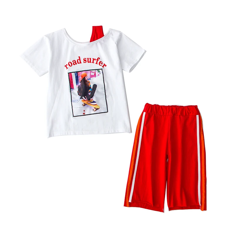 

High Quality Summer Girls Off-the-shoulder Short-sleeved Print Two-piece T-shirt + Pants Kids Clothes