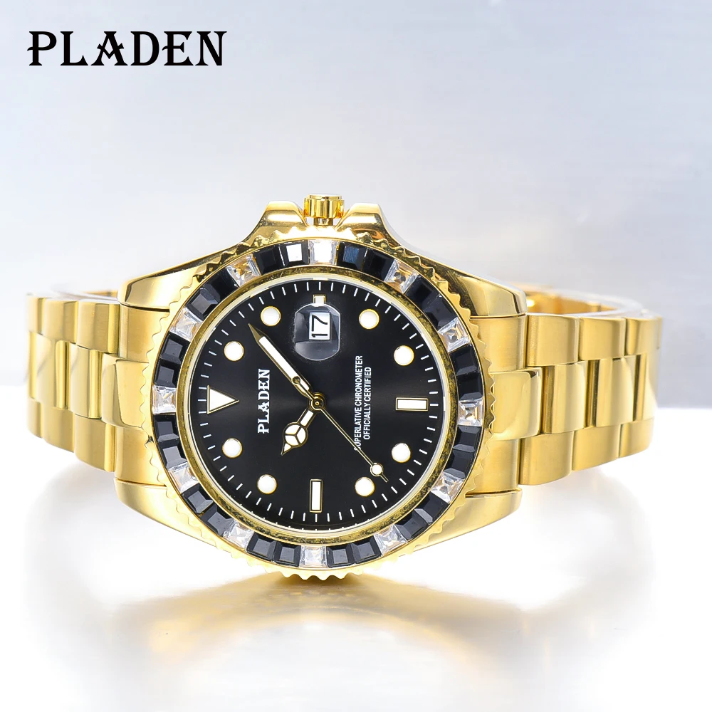 Pladen-luxo Diamante Bisel Relógio de Quartzo para Homens Relógios de Ouro Vidro de Safira Mergulho de Aço Inoxidável Relógio Masculino Novo