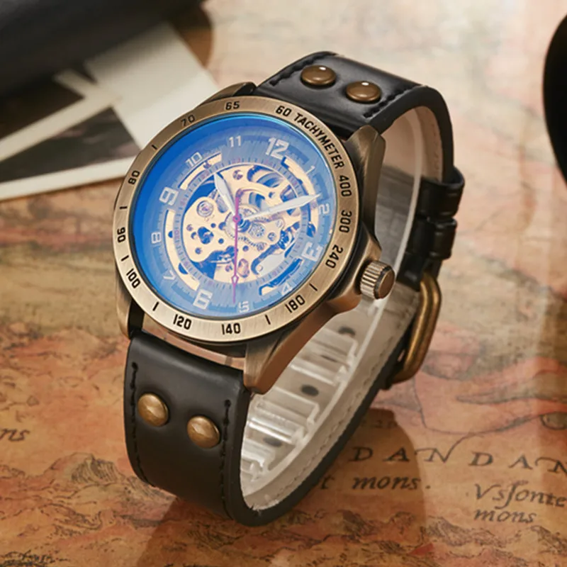 Gorben Black/Brown Leather Belt Men Automatic Mechanical Wrist Watches Sports Watches luxury Luminous Clock