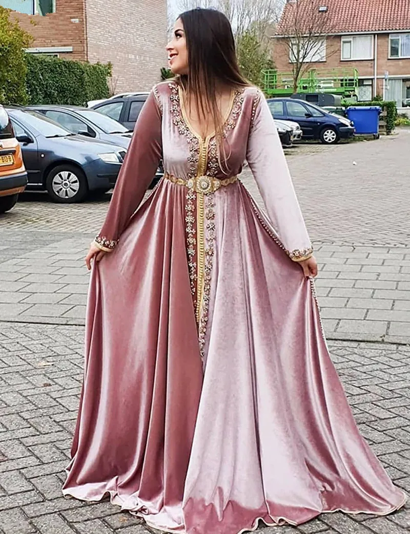 Винтажные марокканские платья Caftans розовые вечерние женское бархатное платье с
