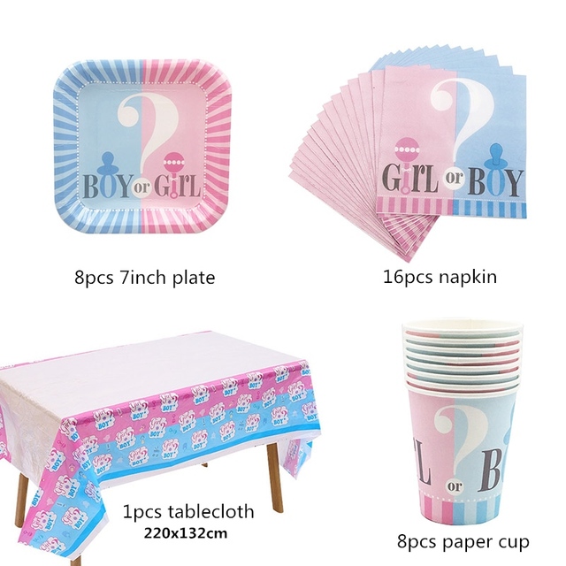 Reveal Disposable Tableware Set Baby Shower Boy Or Girl Plate Napkin Tablecloth Gender Reveal Party Decorations Supplies