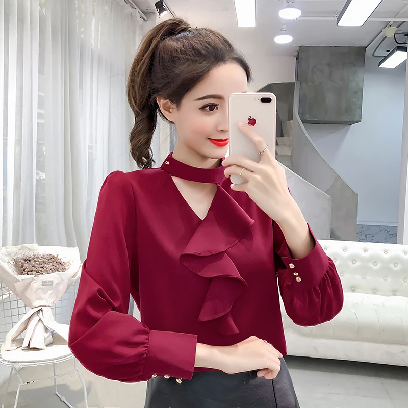 

COIGARSAM Korea Style blouse women New Spring Office Lady Full Sleeve Chiffon Solid blusas womens tops and blouses Wine Red 7510