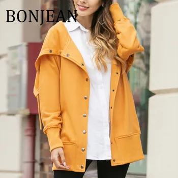 

BONJEAN Covered Button Jacket for Women 2019 Autumn Coats and Outerwear Turn-down Collar Long Jackets Loose Yellow Jacket BJ1712