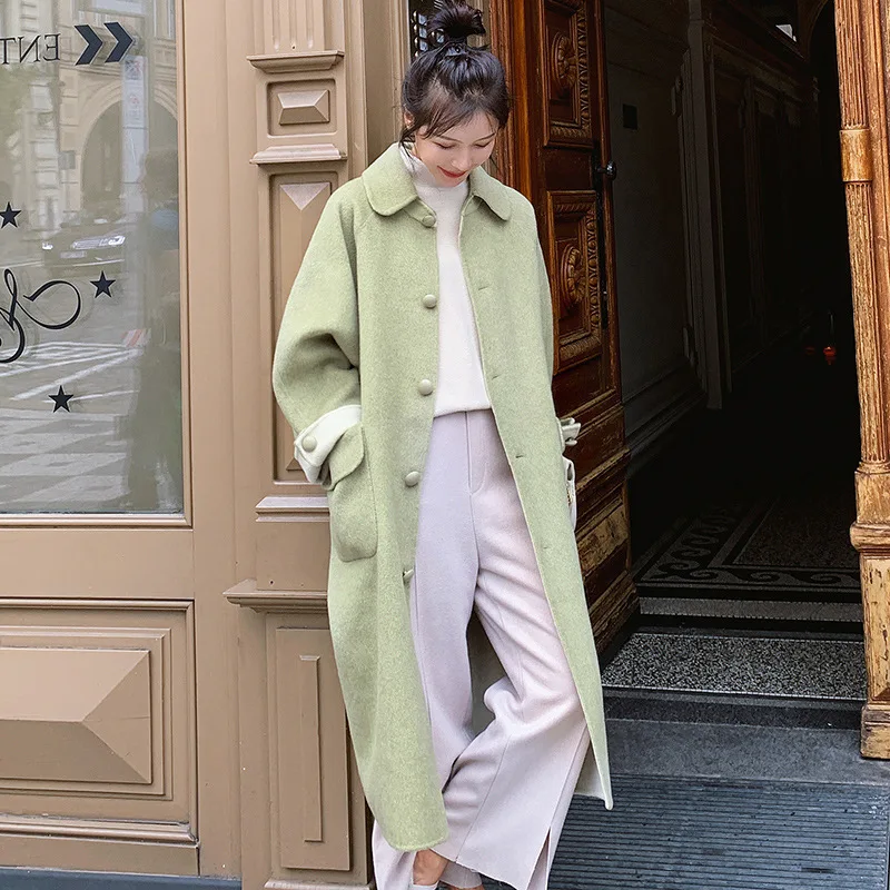 

2019 Winter New Style Hepburn Wind Loose-Fit Avocado Green Woolen Overcoat Turn Sleeve Woolen Jacket Mid-length Women's Fashion