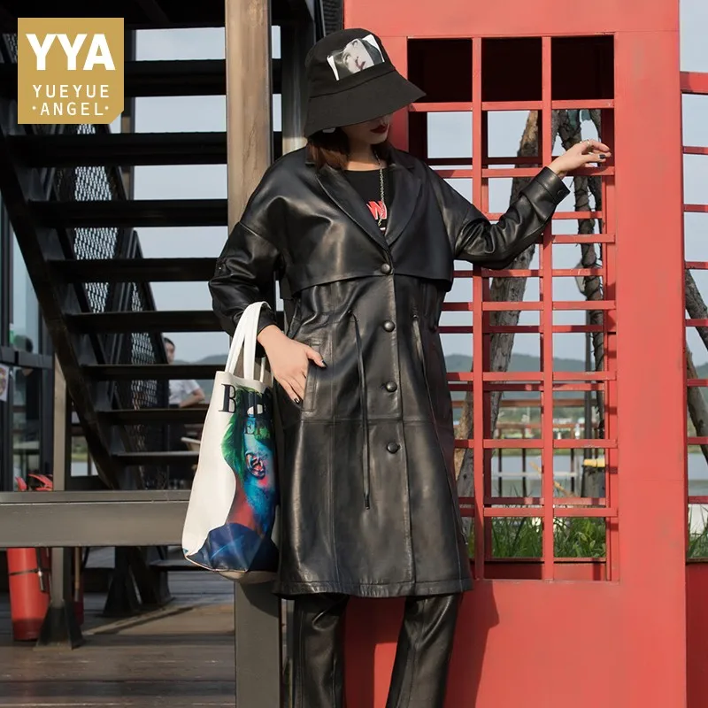 

2020 Designer Women Patchwork Sheepskin Genuine Leather Jacket Single Breasted Windbreaker Trench Ladies Real Leather Long Coat