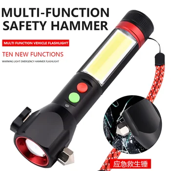 

New Style Safety Hammer Flashlight with Alarms Magnet Safety Belt Cutter Compass Car Mounted USB Charging Multi-functional Hand