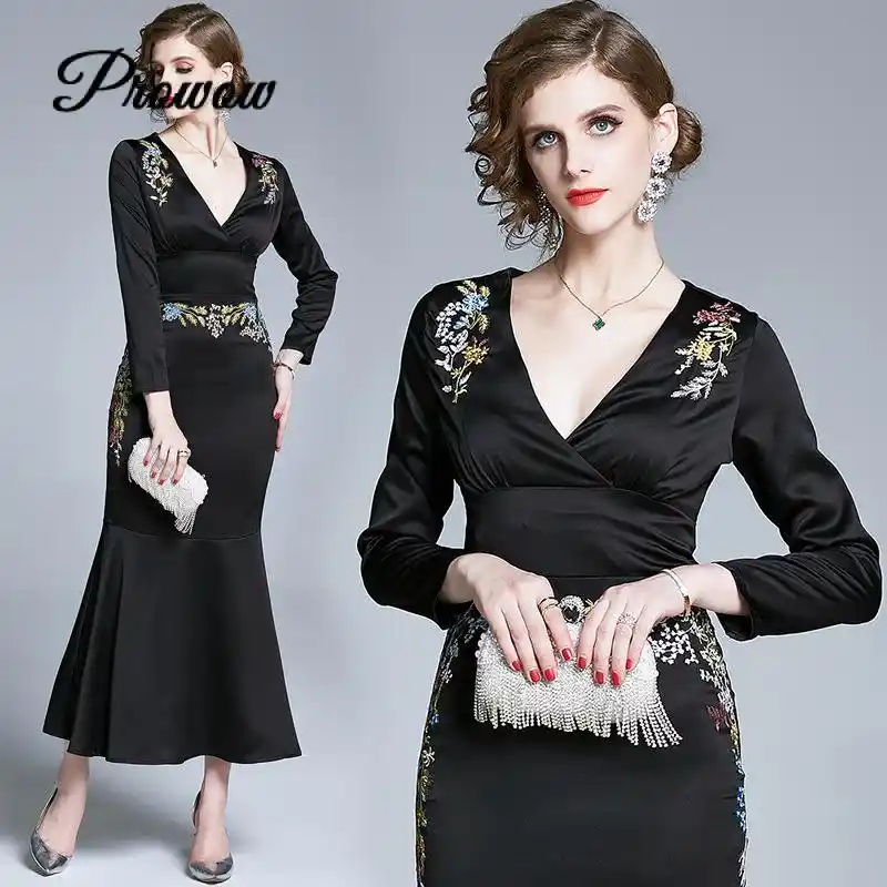 sexy deep v collar embroidery floral printed fishtail maxi dress