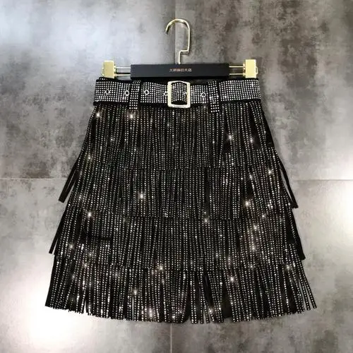 Новая летняя юбка с бахромой и стразами с поясом, многослойная короткая юбка с высокой талией - Цвет: Черный