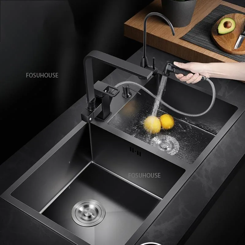 German Black Kitchen Sink Double Nano Kitchen 304 Stainless Steel Sink Home Improvement Wash Basin Accessories
