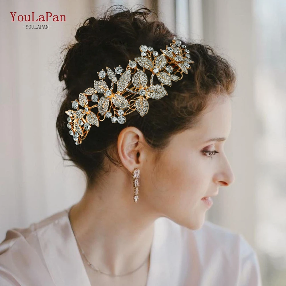 

YouLaPan HP301 Luxurious Wedding Hair Tiara Bridal Forks Comb Elegant Crystal Rhinestones Headpiece for Women Headband Party