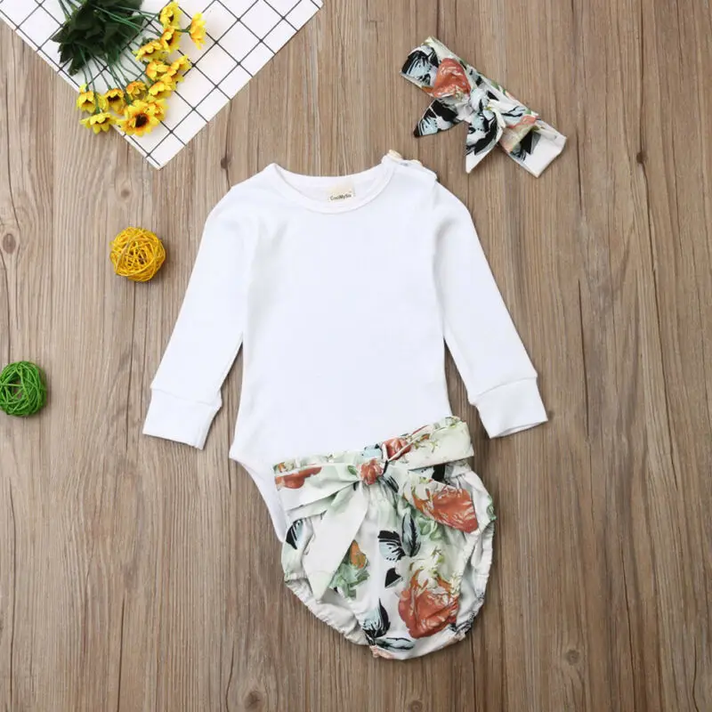 

US 3PCS Newborn Kid Baby Girl Clothes Tops Romper+Flower Shorts Pants Outfit Set Clothes 0-18 months