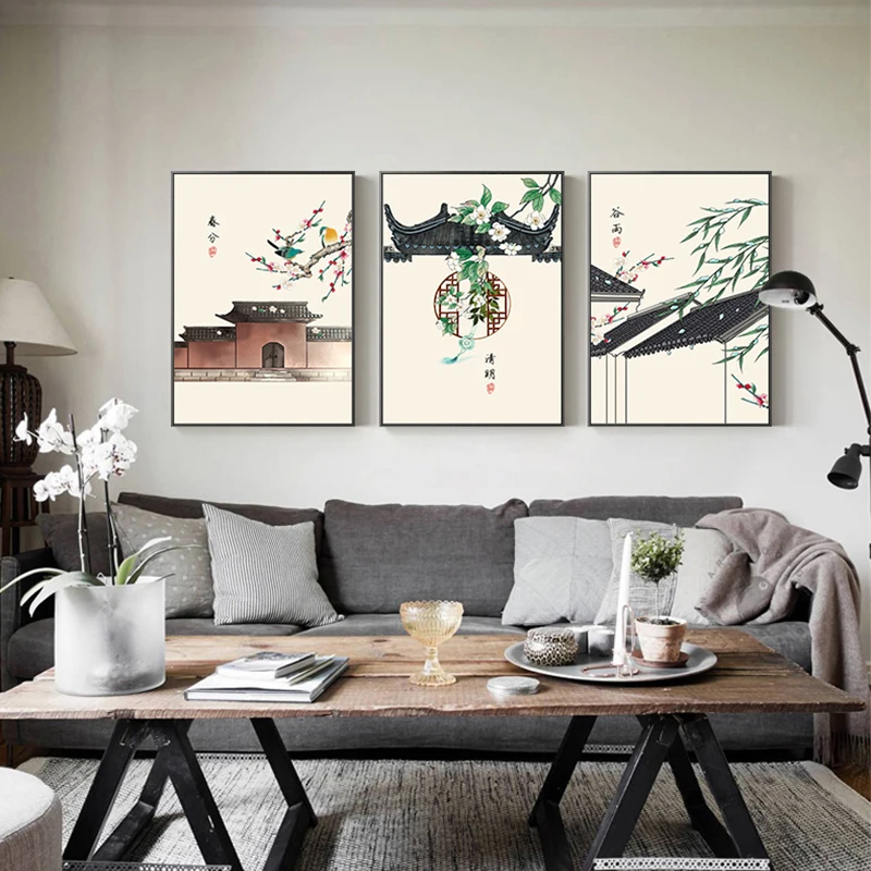 Traditional-Chinese-Ink-Building-Wall-Art-Canvas-Painting-Bamboo-Posters-and-prints-Wall-Pictures-for-Living