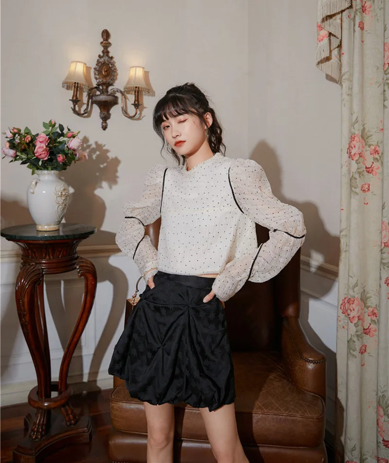 LANMREM 2020 round neck full sleeves autumn polka dots fashion women clothes white color pullover shirt female top WN