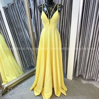 

Sexy V-neck Yellow Evening Dresses Floor Length Spaghetti Straps 2020 Simple Party Gowns For Women Vestido De Noite Prom Gowns