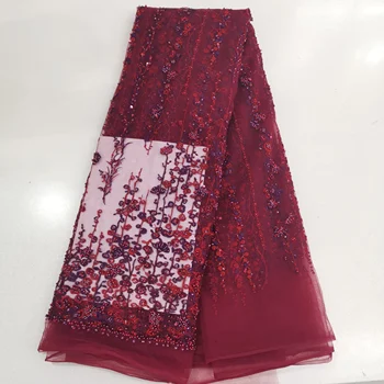 

New fashion hand craft beads sequins embroidery lace wine color one border suitable for long dress design pretty lady style