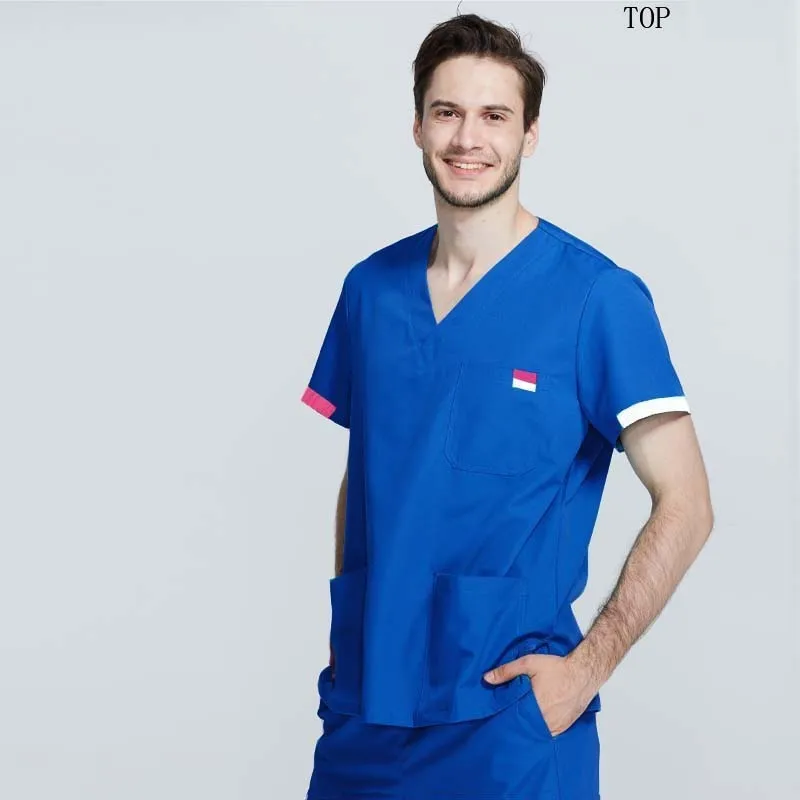 sapphire blue Мужская медицинская униформа, чистый хлопок, короткий рукав, топ, доктор, одежда для медсестер, Классическая рубашка с v-образным вырезом, цвет блокирует дизайн(только топ - Цвет: sapphire blue