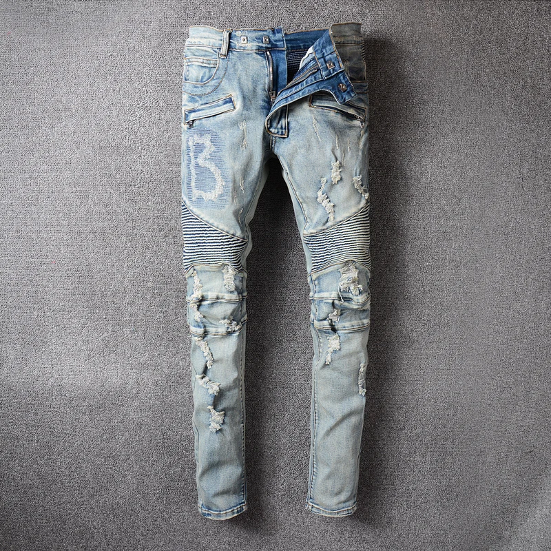

Fashion Streetwear Men Jeans Retro Blue Destroyed Ripped Jeans Men Hip Hop Pants Embroidery Spliced Designer Biker Jeans