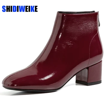 

New Patent Leather Ankle Boots Women winter Autumn 5cm Square High Heel Zipper Boots Round Toe Woman Shoes Red Black AB932