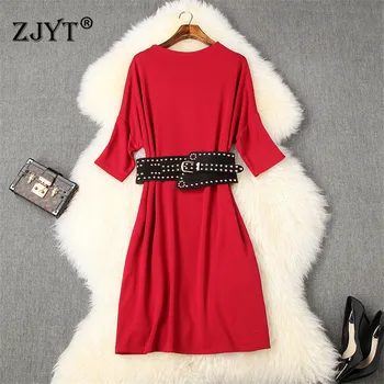 

Spring Dress for Women 2020 New Fashion Clothes Elegant Lady Solid Simple Knee Length Casual Loose Dress with Blet