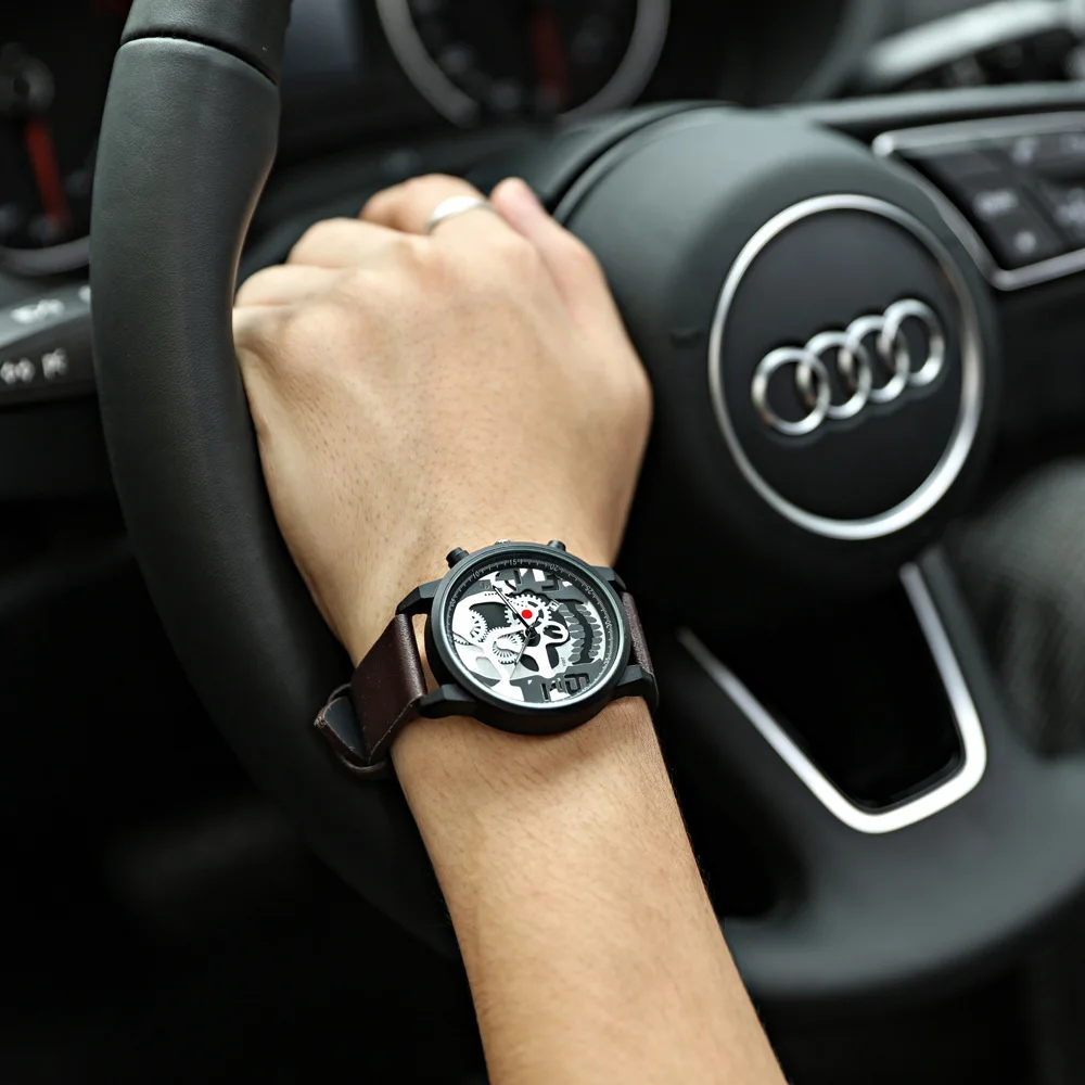 

Men And Women Top Grade Fashion Hollow out Gear Calendar Sports Watch Large Dial Black Shell Quartz Watch